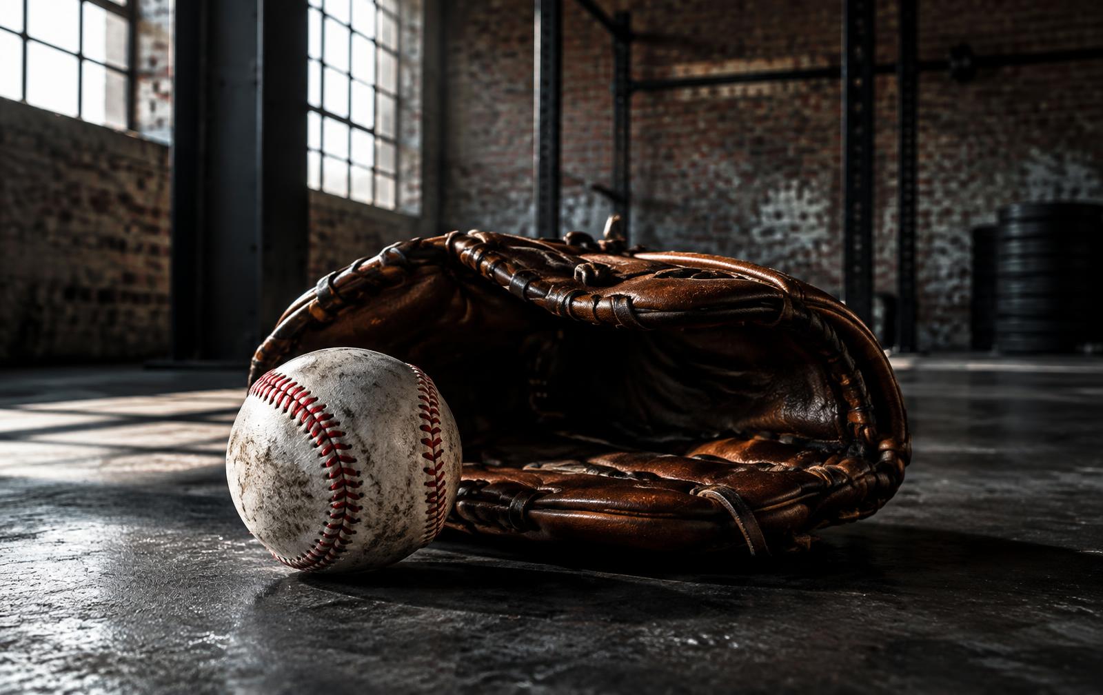 Baseball and glove detail in an industrial training setting.